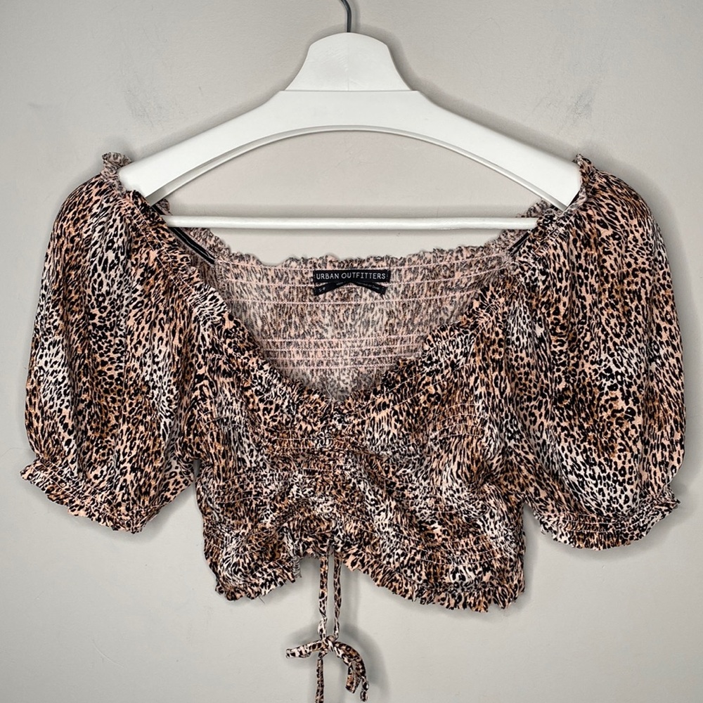 Urban Outfitters Leopard Print Puff Sleeve Crop Top with Ruching
